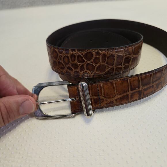 Pierre Cardin Belt Mens 38 Crocodile Full Grain Cowhide Brown Leather Silver - Picture 1 of 11